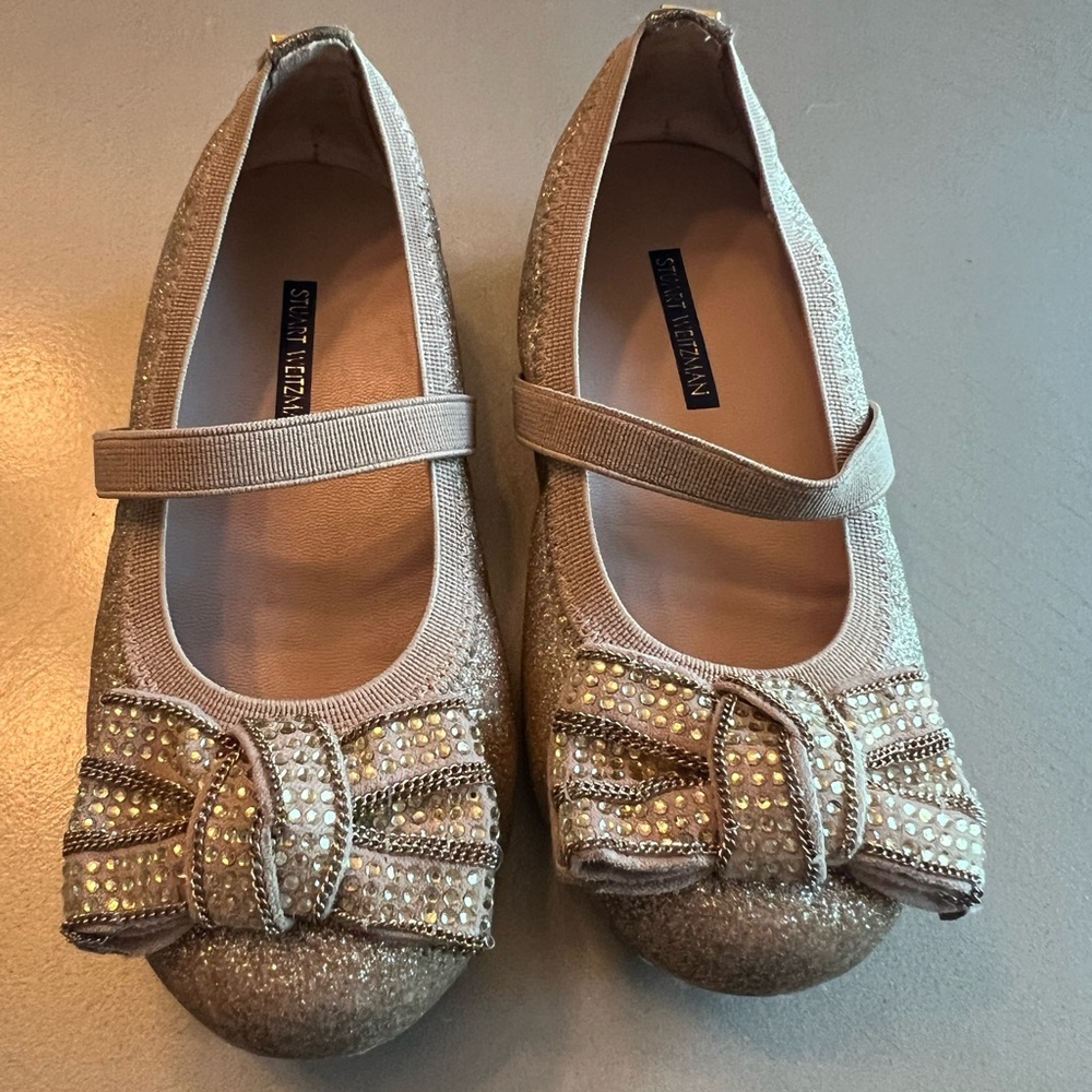 Stuart Weitzman Gold Dress Shoes with Bow and Mary Jane Strap